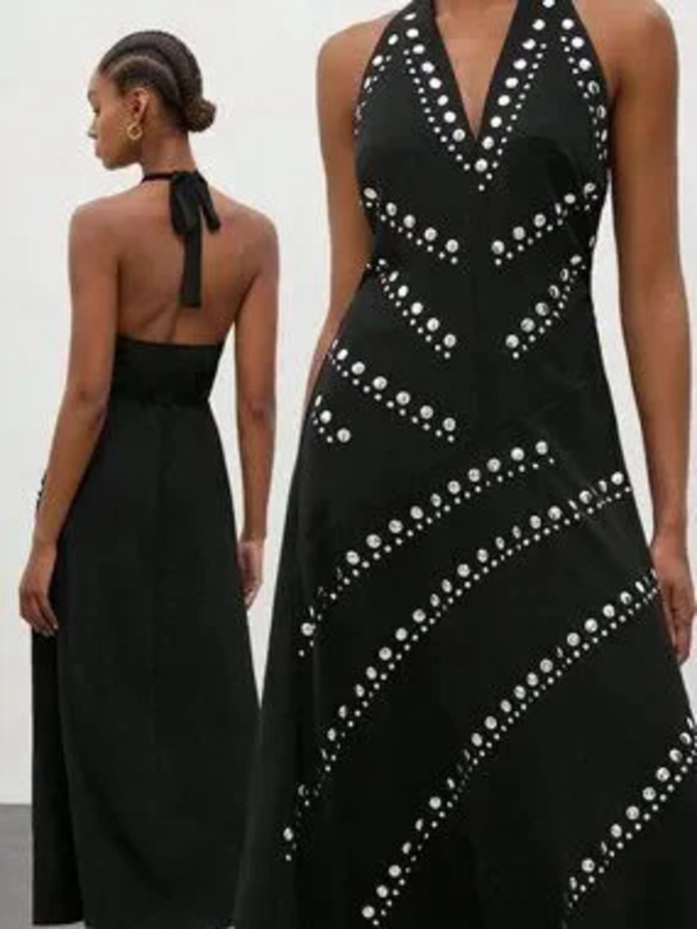 Chic Classy Women's Silver detailed black V-Neck Sleeveless Fitted Waist dress